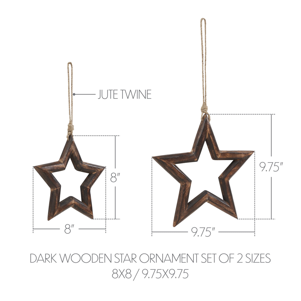 Dark Wooden Star Ornament Set of 2 - 8/9.75 inch