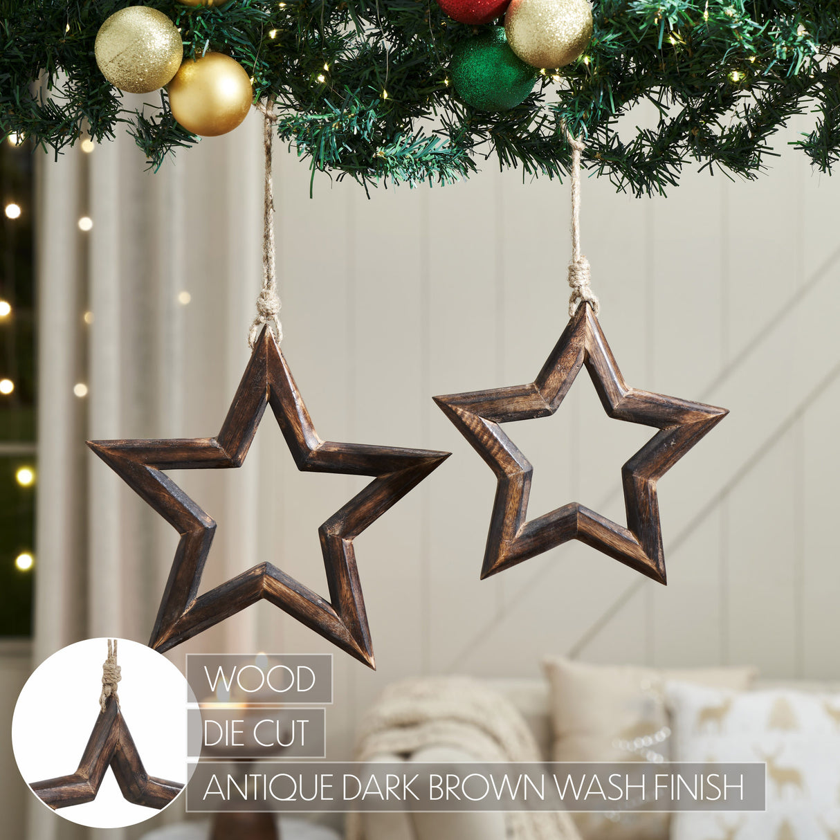 Dark Wooden Star Ornament Set of 2 - 8/9.75 inch