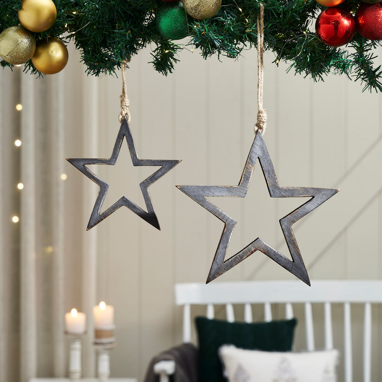 Distressed Gray Wooden Star Ornament Set of 2 - 7/9.5 inch