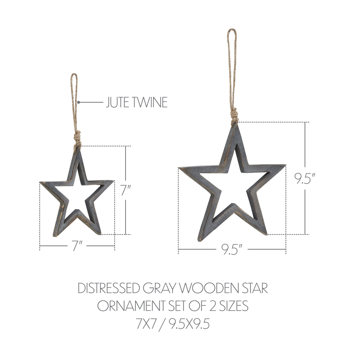 Distressed Gray Wooden Star Ornament Set of 2 - 7/9.5 inch