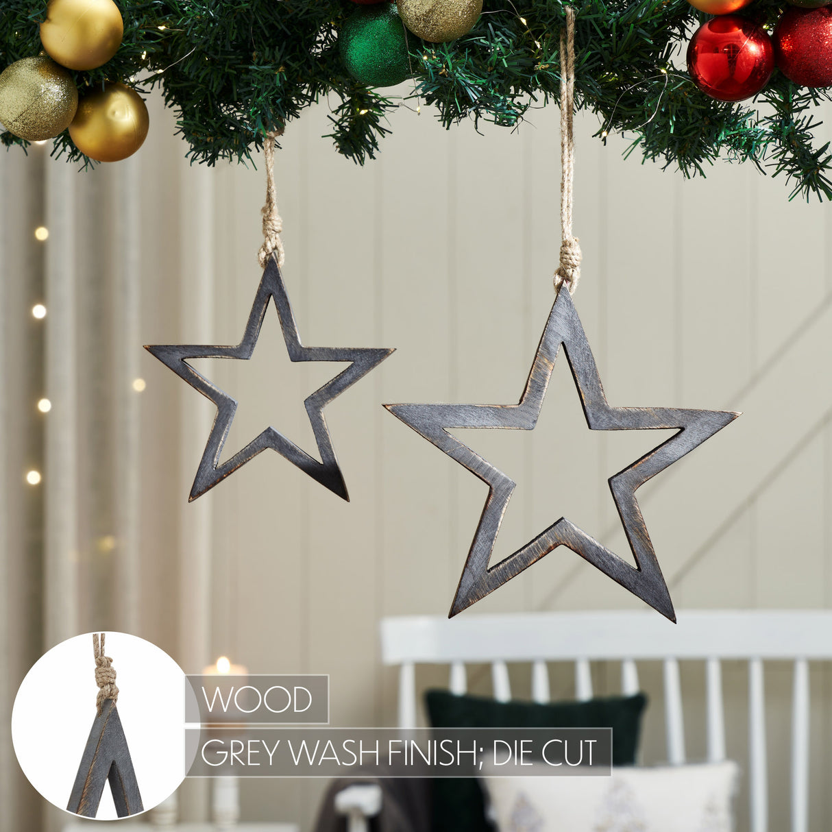 Distressed Gray Wooden Star Ornament Set of 2 - 7/9.5 inch