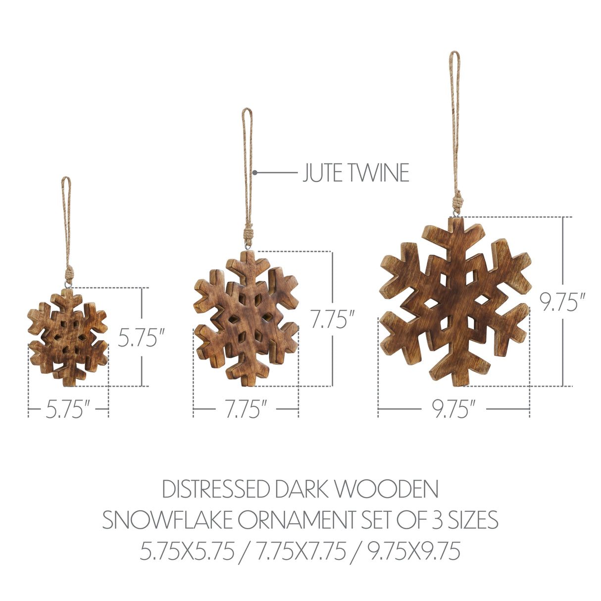 Distressed Dark Wooden Snowflake Ornament Set of 3 - 5.75/7.75/9.75 inch