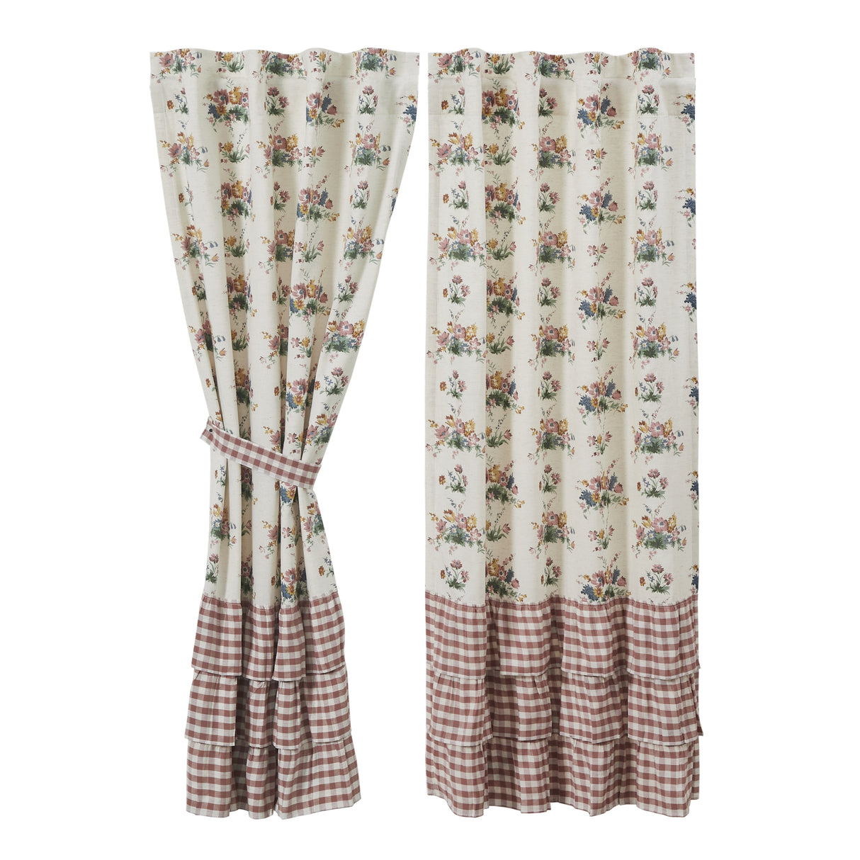 Rosehill Cottage Floral & Gingham Ruffled Cotton Curtain Panel Set