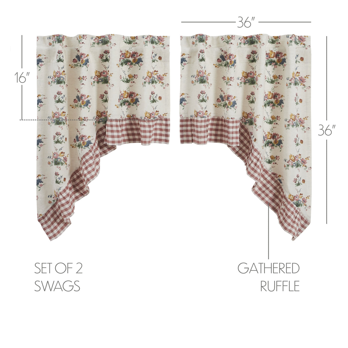Rosehill Cottage Floral & Gingham Ruffled Cotton Swag Curtain Set - 36x36x16 Dusty Rose & Natural Window Drapes
