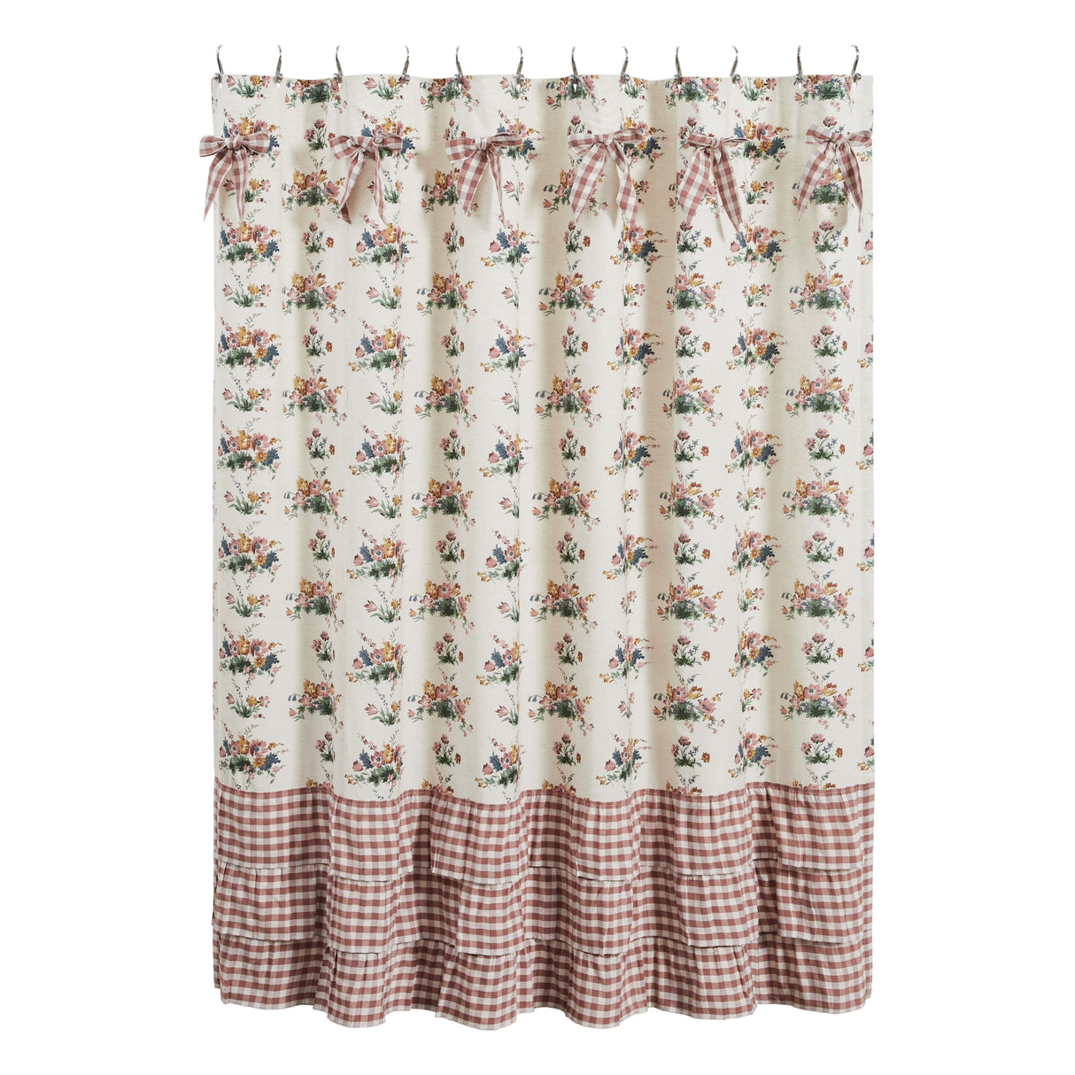 Rosehill Cottage Floral & Gingham Ruffled Cotton Shower Curtain - 72x72 Dusty Rose & Natural Bathroom Decor