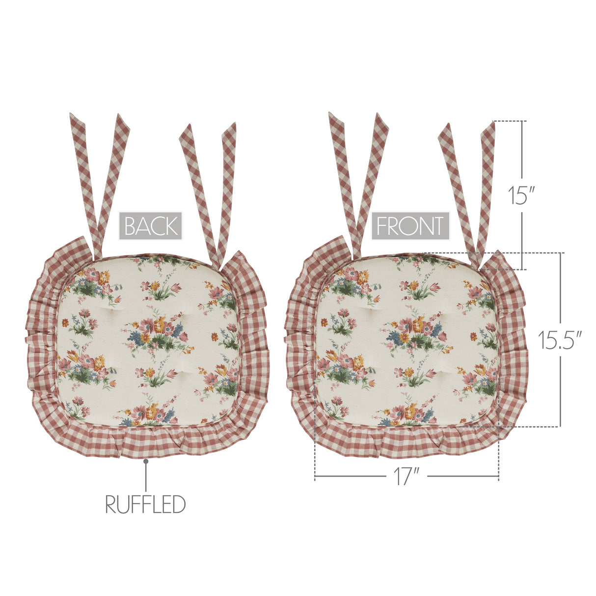 Rosehill Cottage Floral Ruffled Cotton Chair Pad - 15.5x17 - Dusty Rose & Natural Cushioned Seat Cushion
