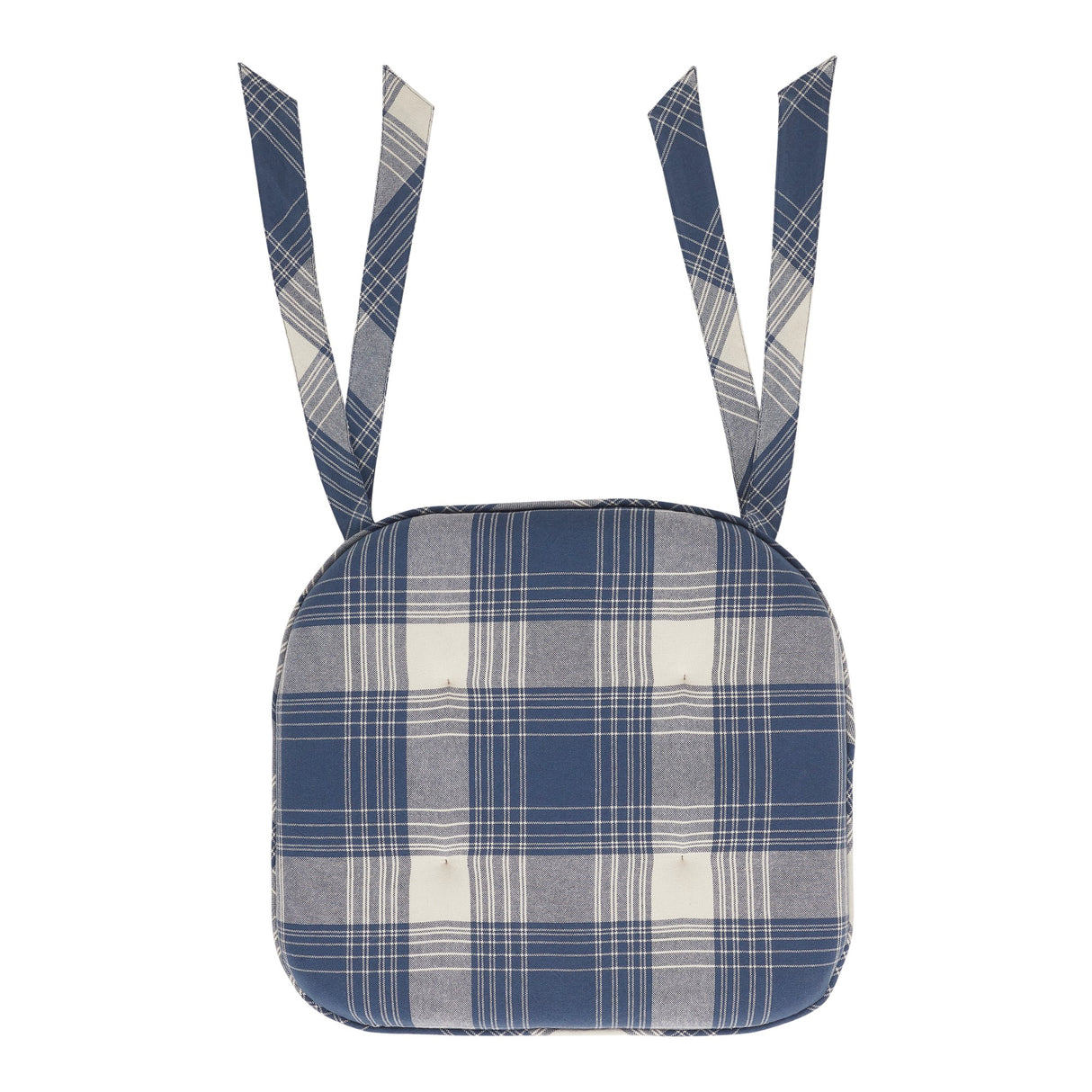 Colonial Blue Plaid Chair Pad with Ties - 15.5x17 Rustic Farmhouse Stuffed Seat Cushion