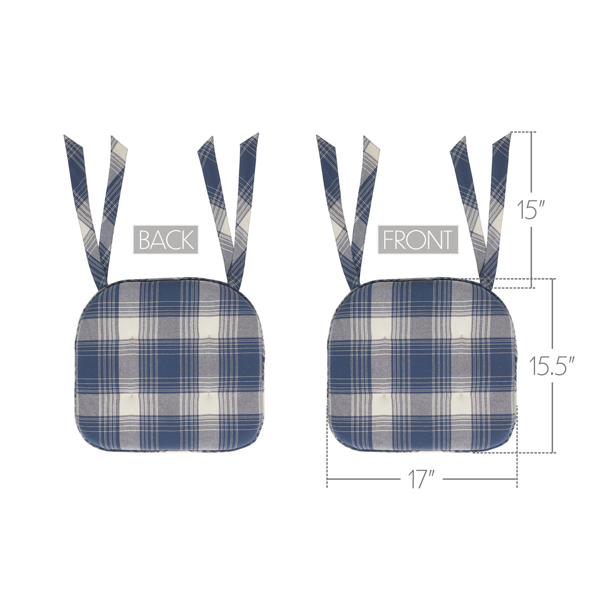 Colonial Blue Plaid Chair Pad with Ties - 15.5x17 Rustic Farmhouse Stuffed Seat Cushion