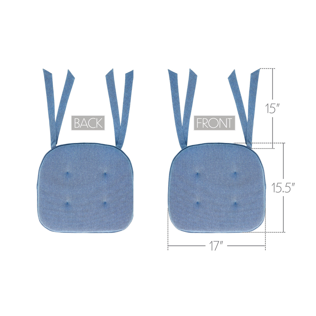 Medium Blue Solid Chambray Weave Cotton Chair Pad - 15.5x17 Cushioned Seat Cushion - VHC Brands