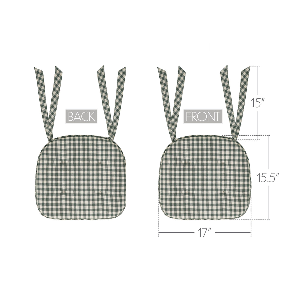 Deep Moss Green Gingham Cotton Chair Pad - 15.5x17 Cushioned Seat Cushion - VHC Brands