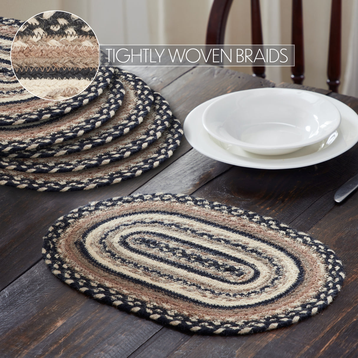 Sawyer Mill Charcoal Creme Jute Oval Placemat Set of 6 10x15