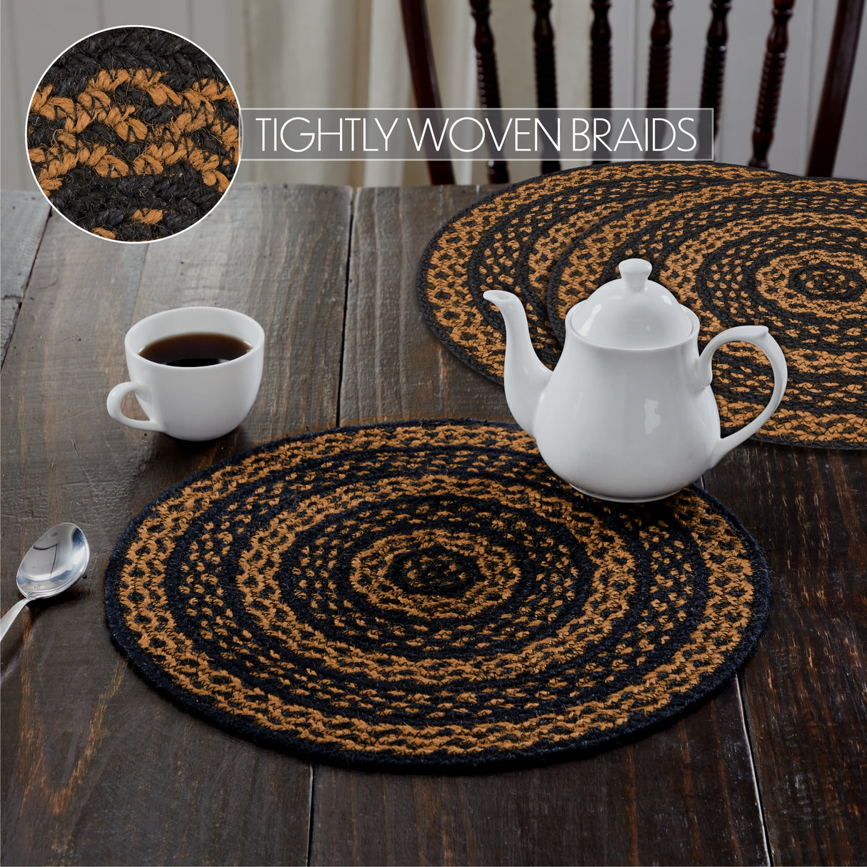 Black & Tan Jute Trivet 15 inch Diameter Set of 3