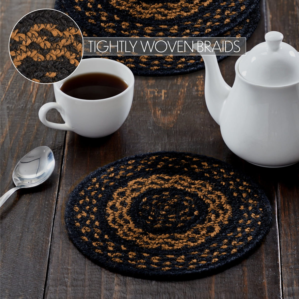 Black & Tan Jute Trivet 8 inch Diameter Set of 3