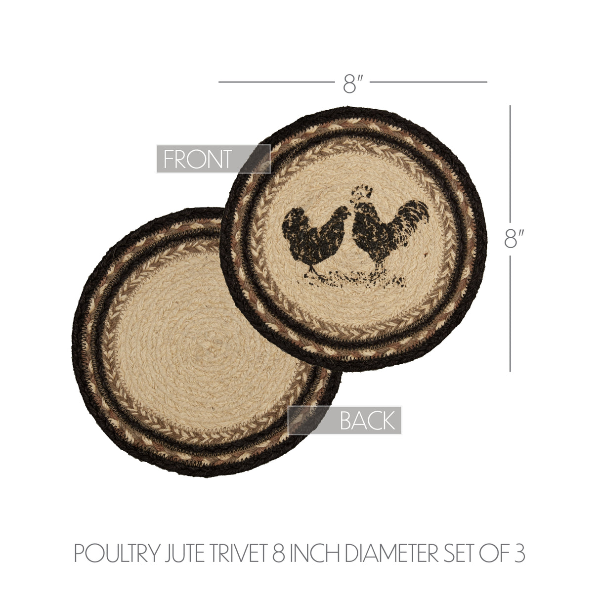 Sawyer Mill Charcoal Poultry Jute Trivet 8 inch Diameter Set of 3