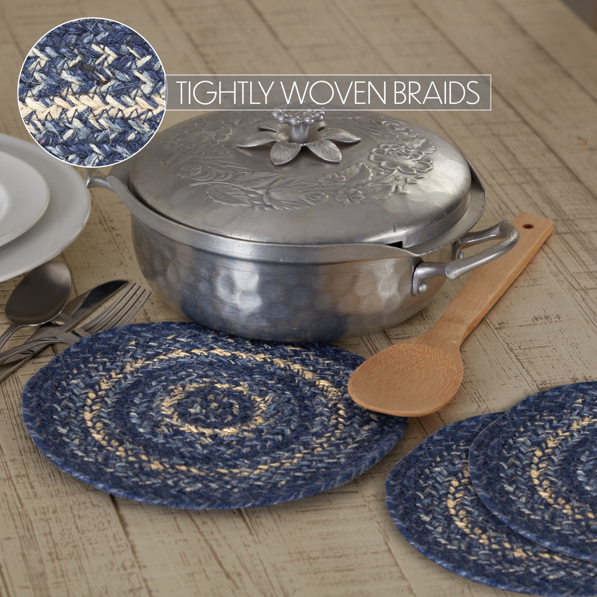 Great Falls Blue Jute Trivet 8, Set of 3