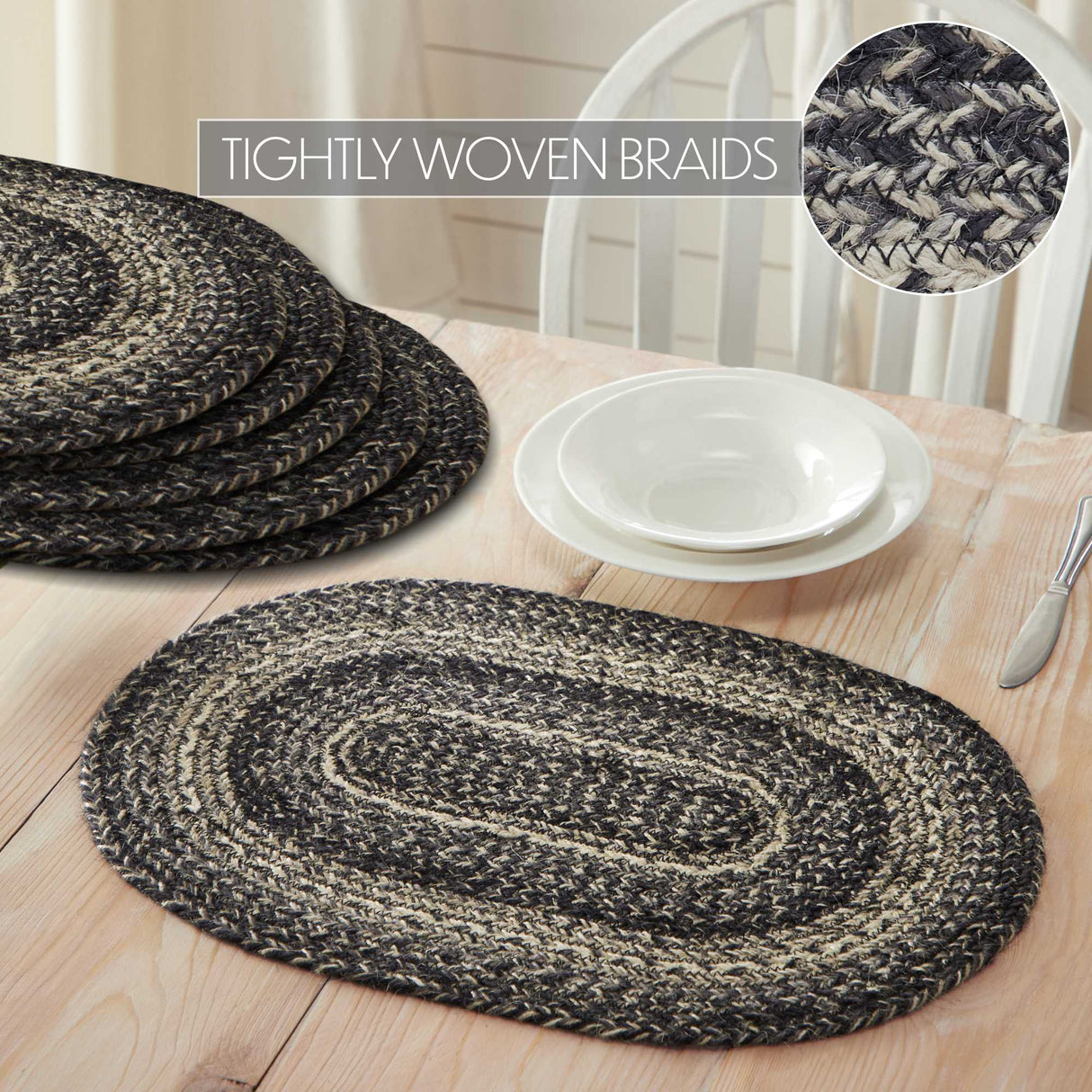 Sawyer Mill Black White Jute Oval Placemat Set of 6 13x19