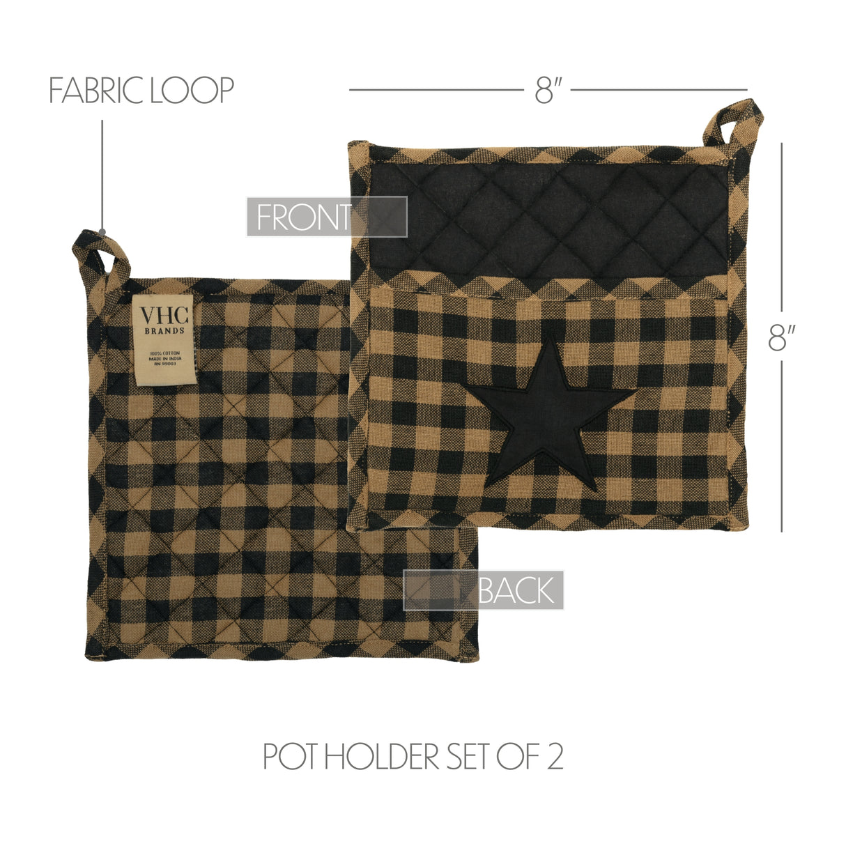 Black Star Pot Holder Set of 2 8x8