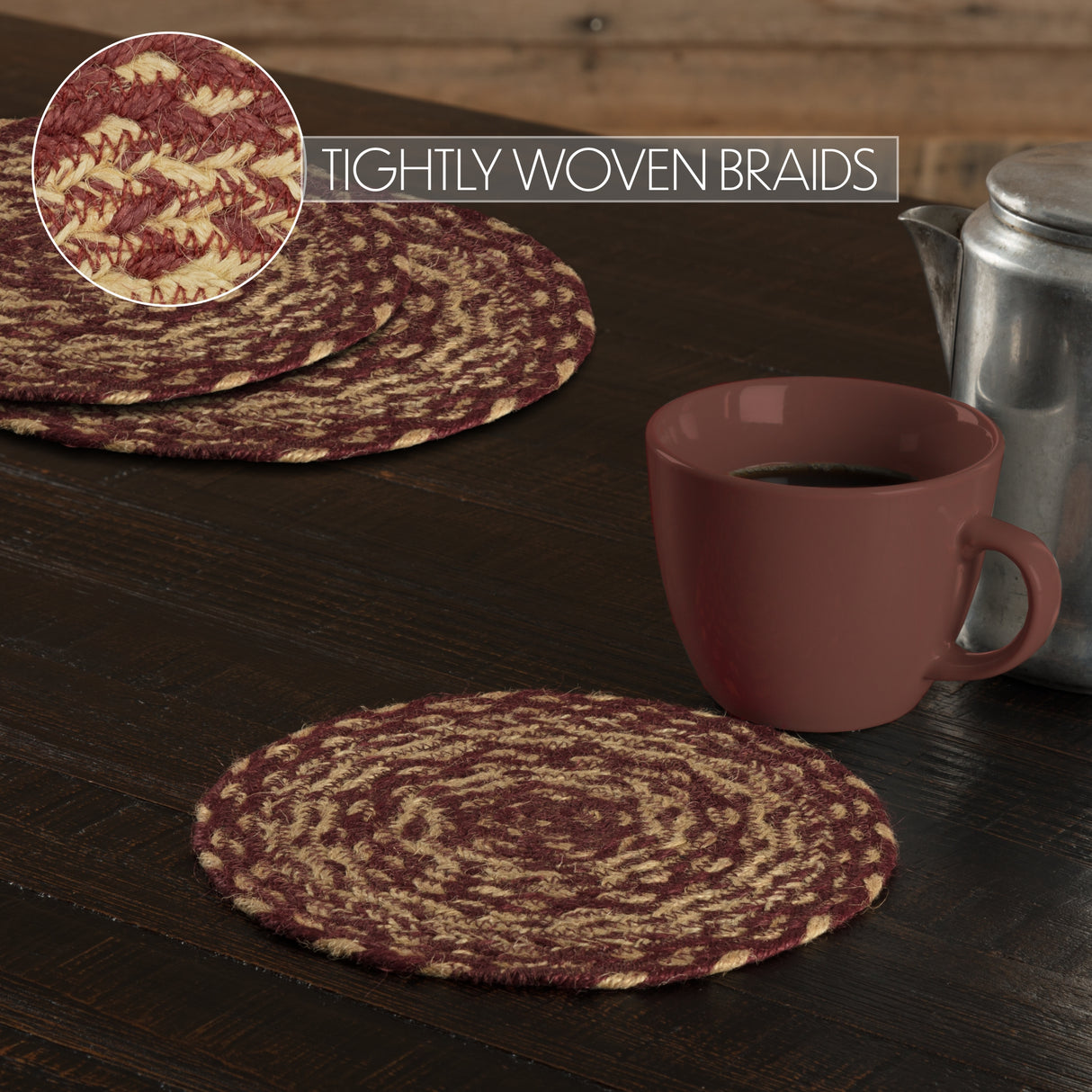 Burgundy Tan Jute Trivet 8, Set of 3