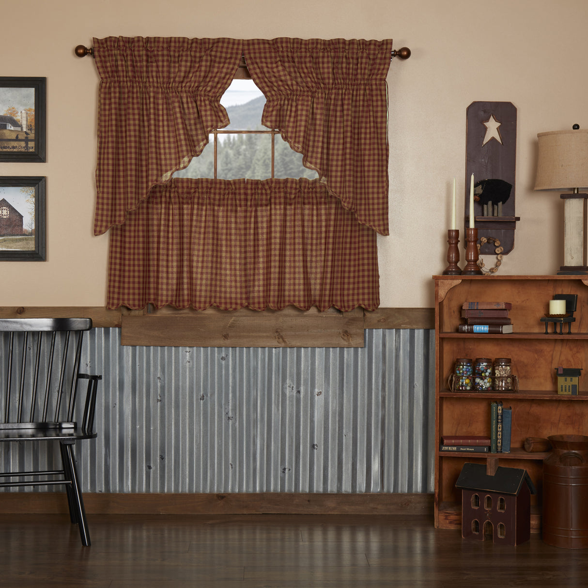 Burgundy Check Curtain Set