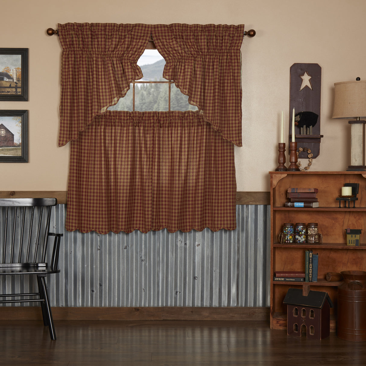 Burgundy Check Curtain Set