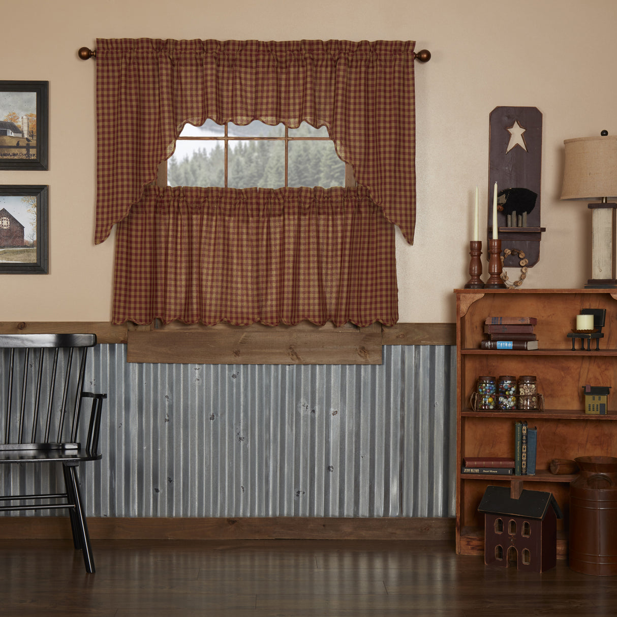 Burgundy Check Curtain Set