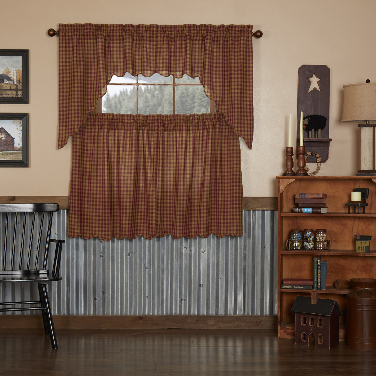 Burgundy Check Curtain Set