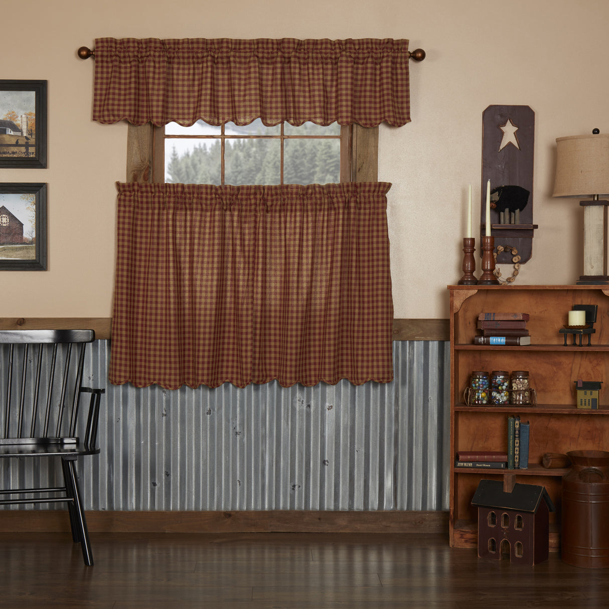 Burgundy Check Curtain Set