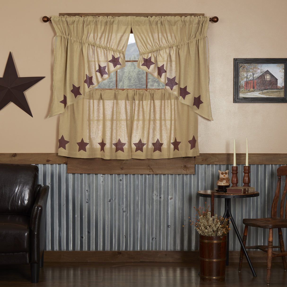 Burlap Natural with Star Curtain Set