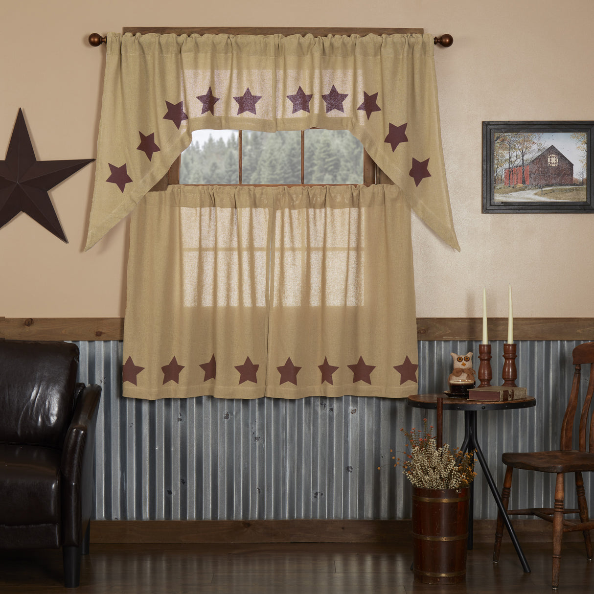 Burlap Natural with Star Curtain Set