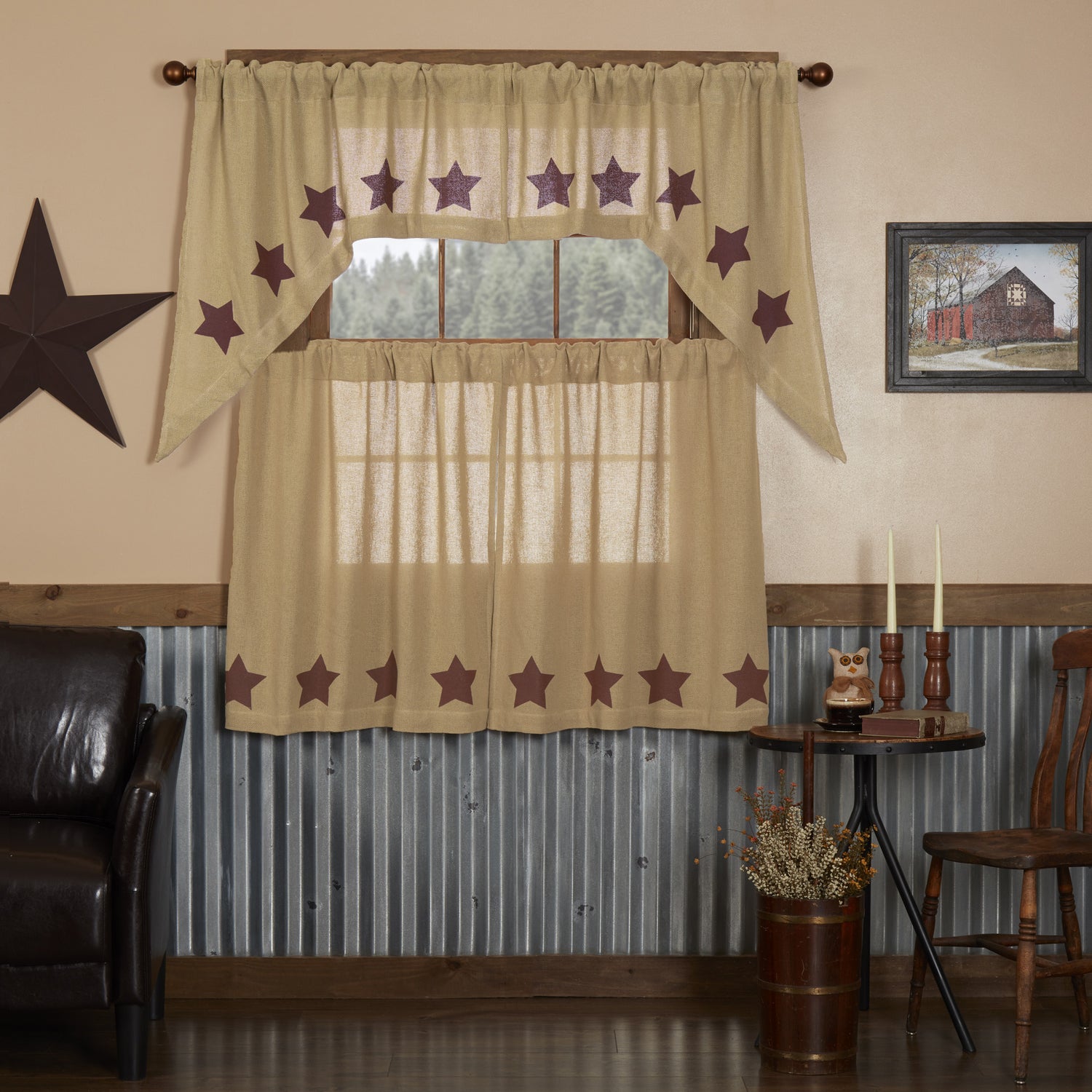 Burlap Natural with Star Curtain Set