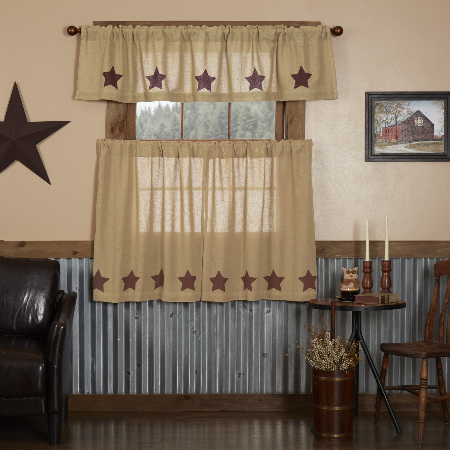 Burlap Natural with Star Curtain Set
