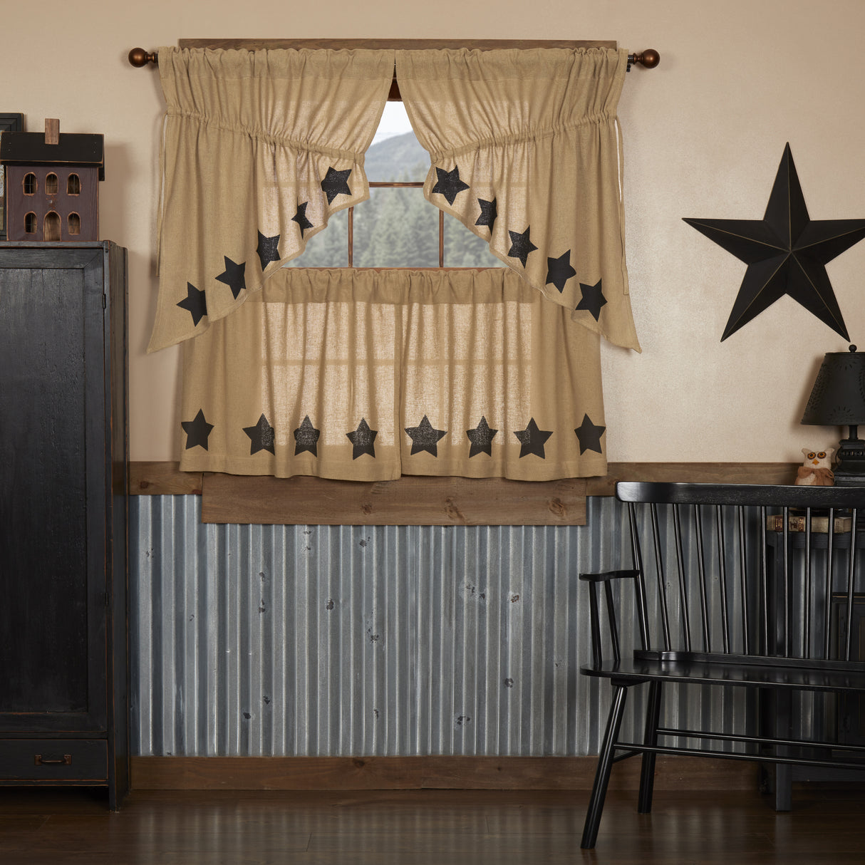 Burlap Natural with Star Curtain Set