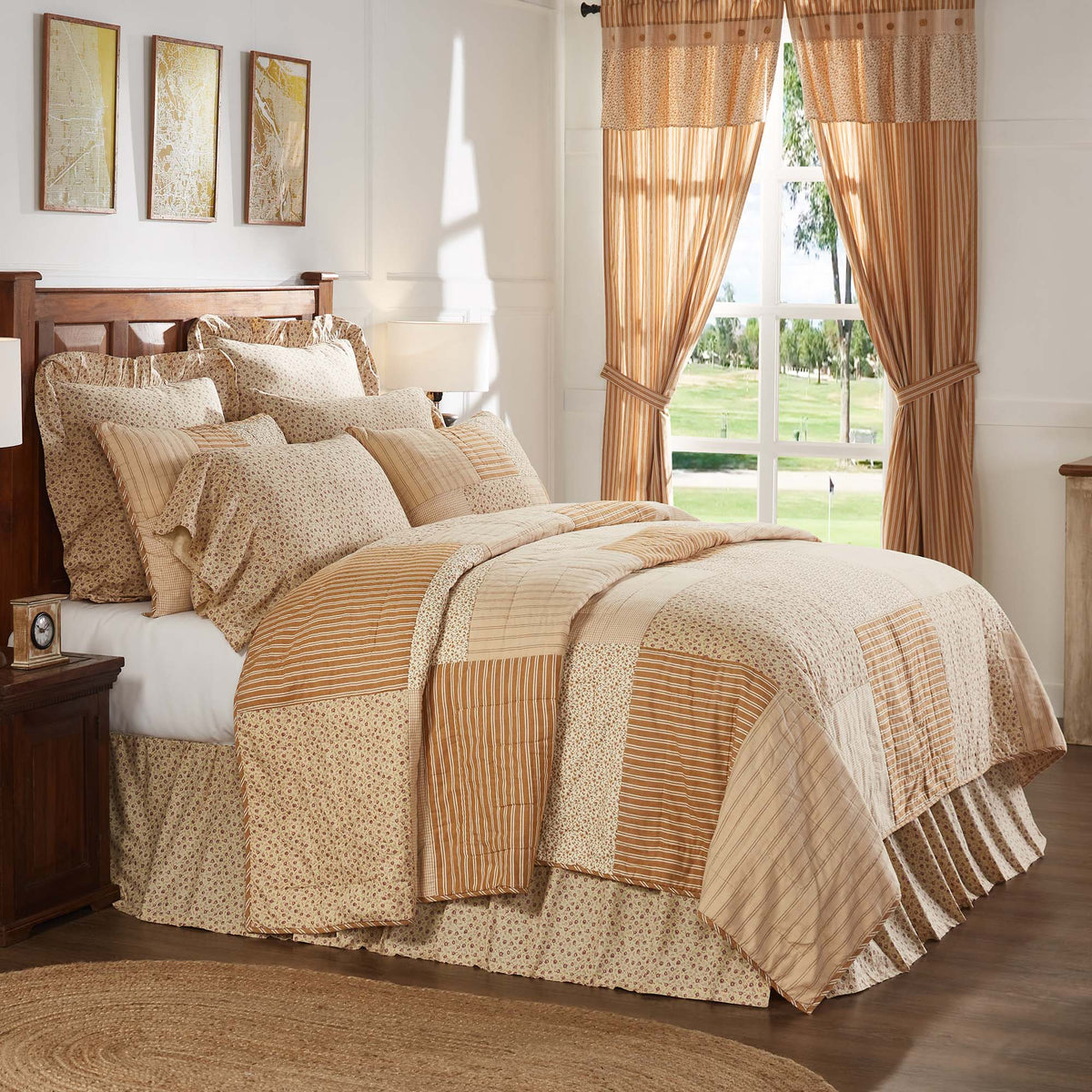 Camilia 8PC Gold Bedding Set Luxury King (1 Quilt, 2 Shams, 2 Pillowcases, 1 Bedskirt, 2 Euros)