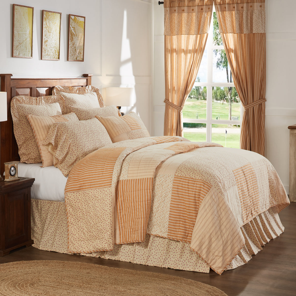 Camilia 8PC Gold Bedding Set Queen (1 Quilt, 2 Shams, 2 Pillowcases, 1 Bedskirt, 2 Euros)