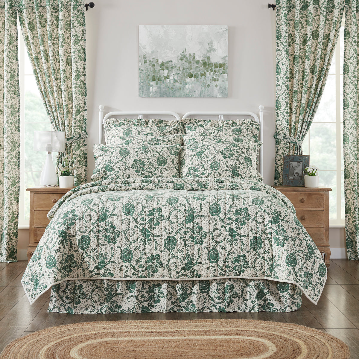 Dorset 6PC Dark Basil Bedding Set Queen (1 Quilt, 2 Shams, 2 Pillowcases, 1 Bedskirt)