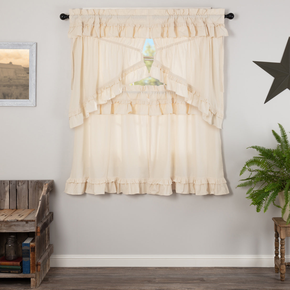 Muslin Ruffled Unbleached Natural Curtain Set
