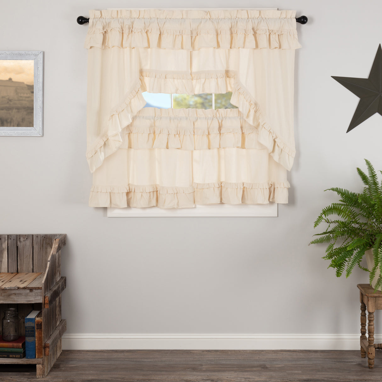 Muslin Ruffled Unbleached Natural Curtain Set