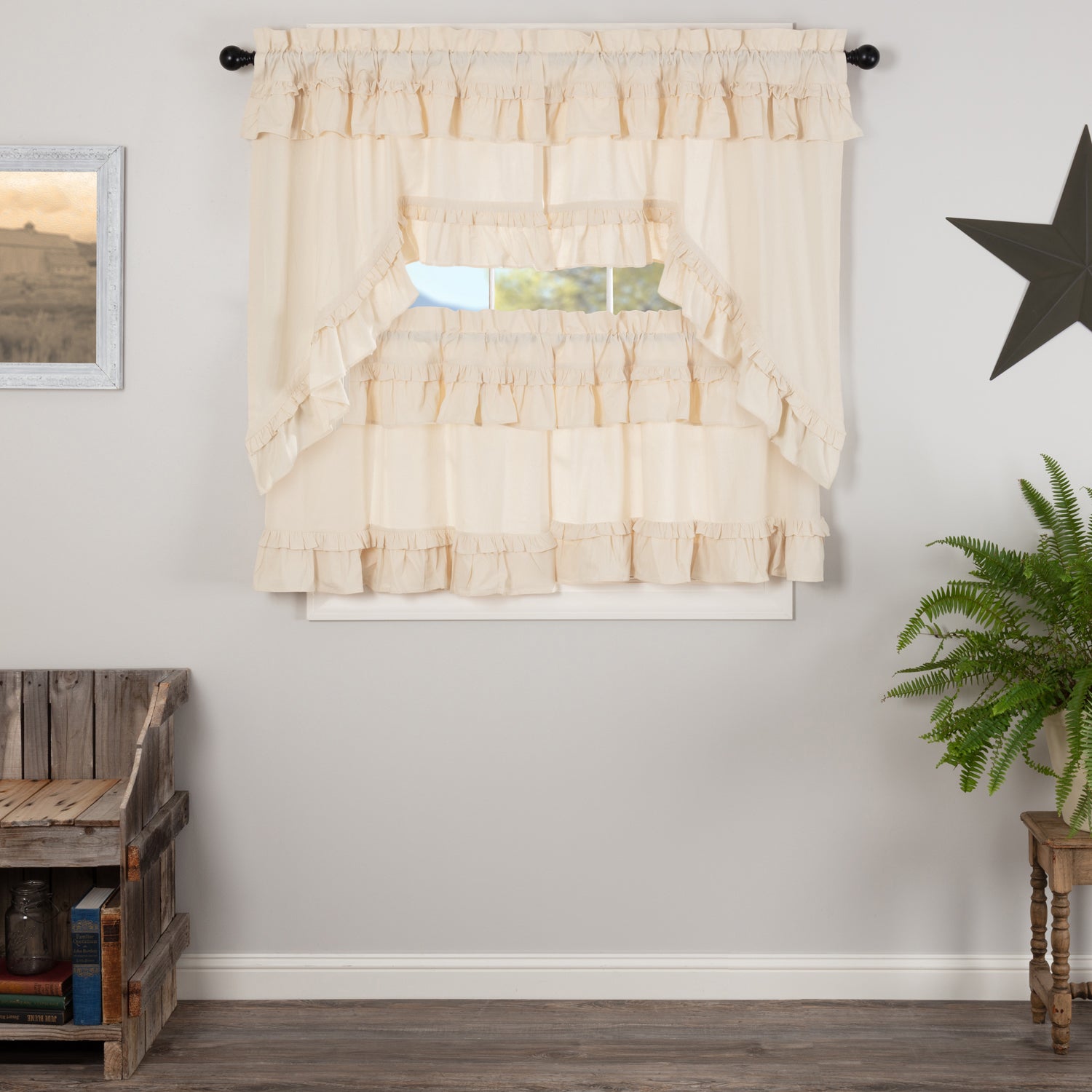 Muslin Ruffled Unbleached Natural Curtain Set