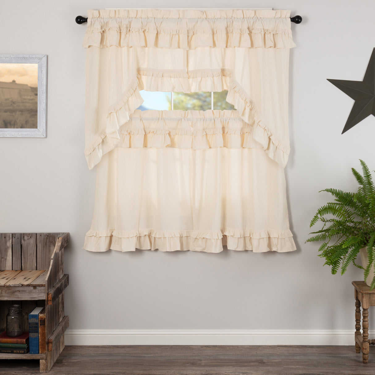 Muslin Ruffled Unbleached Natural Curtain Set