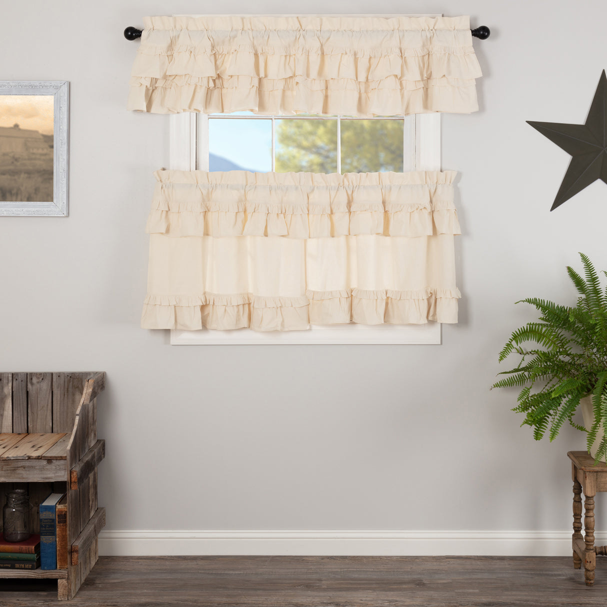 Muslin Ruffled Unbleached Natural Curtain Set