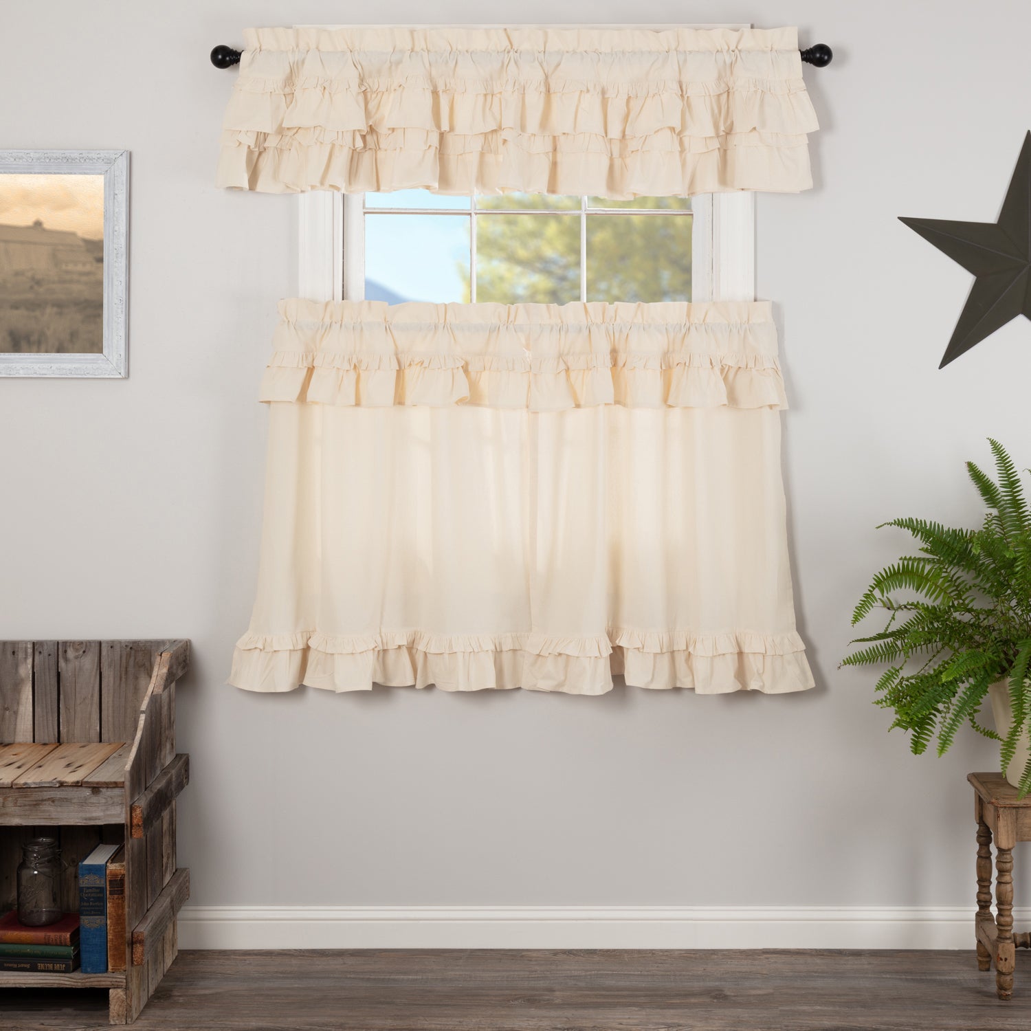 Muslin Ruffled Unbleached Natural Curtain Set