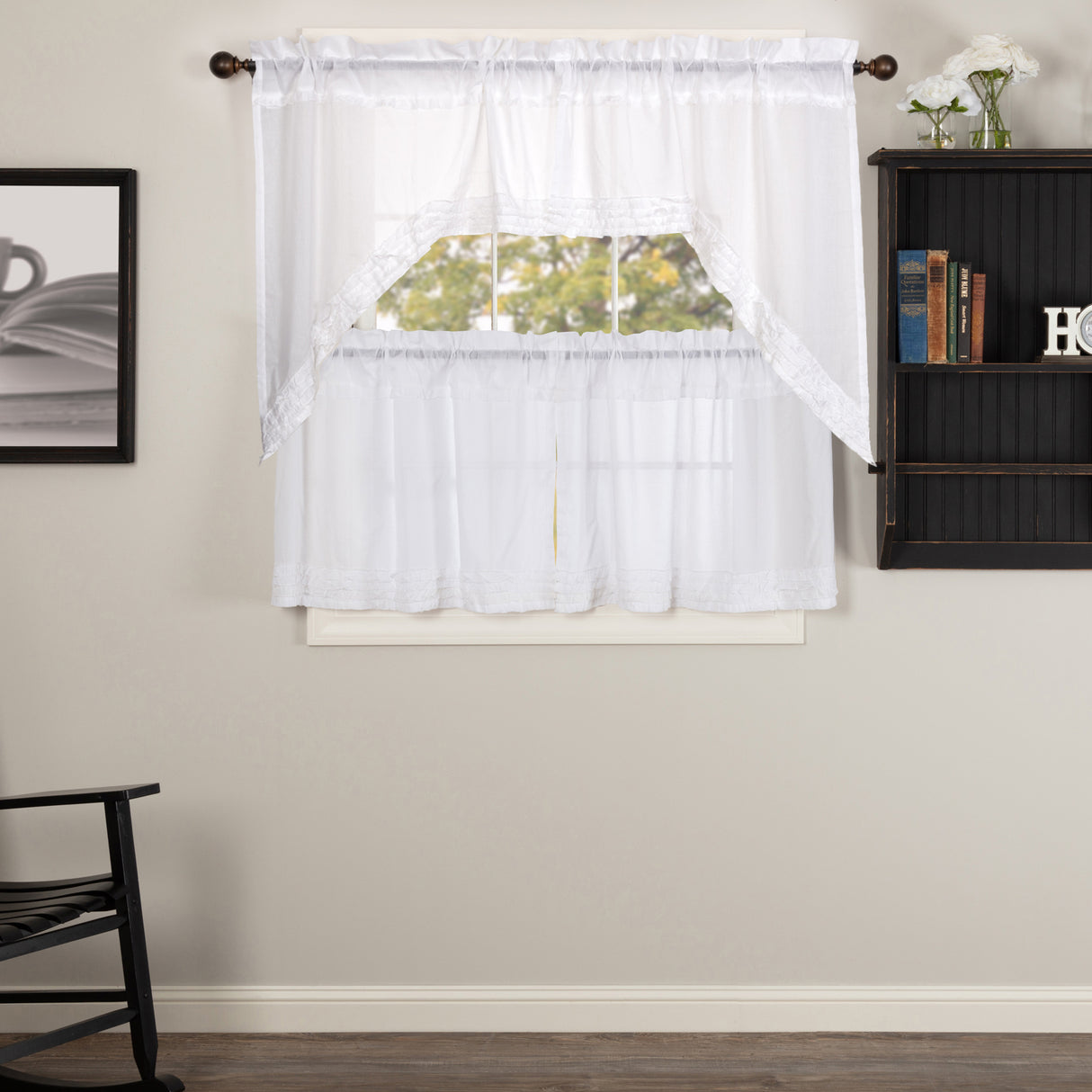 White Ruffled Sheer 4 PC Curtain Set (2 Swag 36x16 and 2 Tier 24x36)