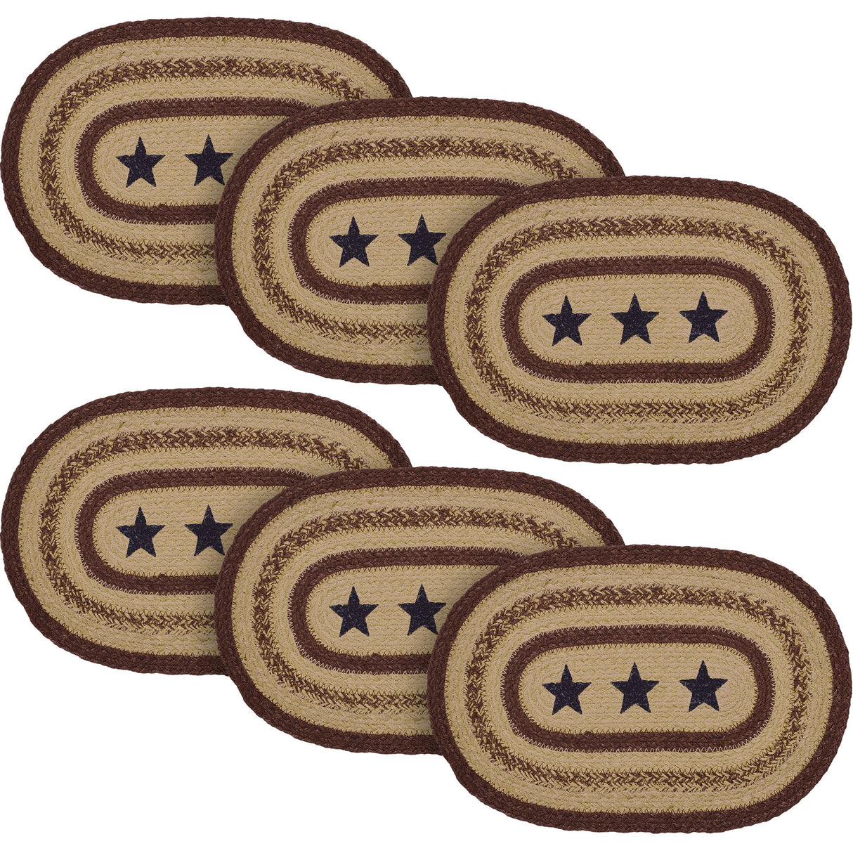 Potomac, Dining Table Placemat, Braided Jute, Oval, Stars, Red Blue Tan, 10x15, 6 Pack 6 Pack