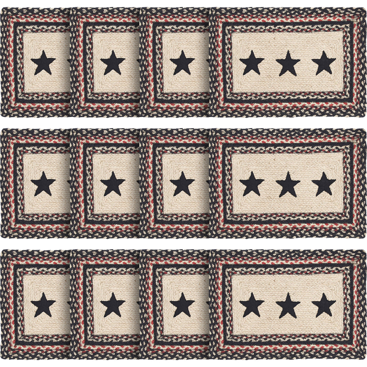 Primitive Colonial Star Table Placemat, Tan Black Red, Jute Blend, Rectangle, 10x15 Inches, 12 Pack 12 Pack
