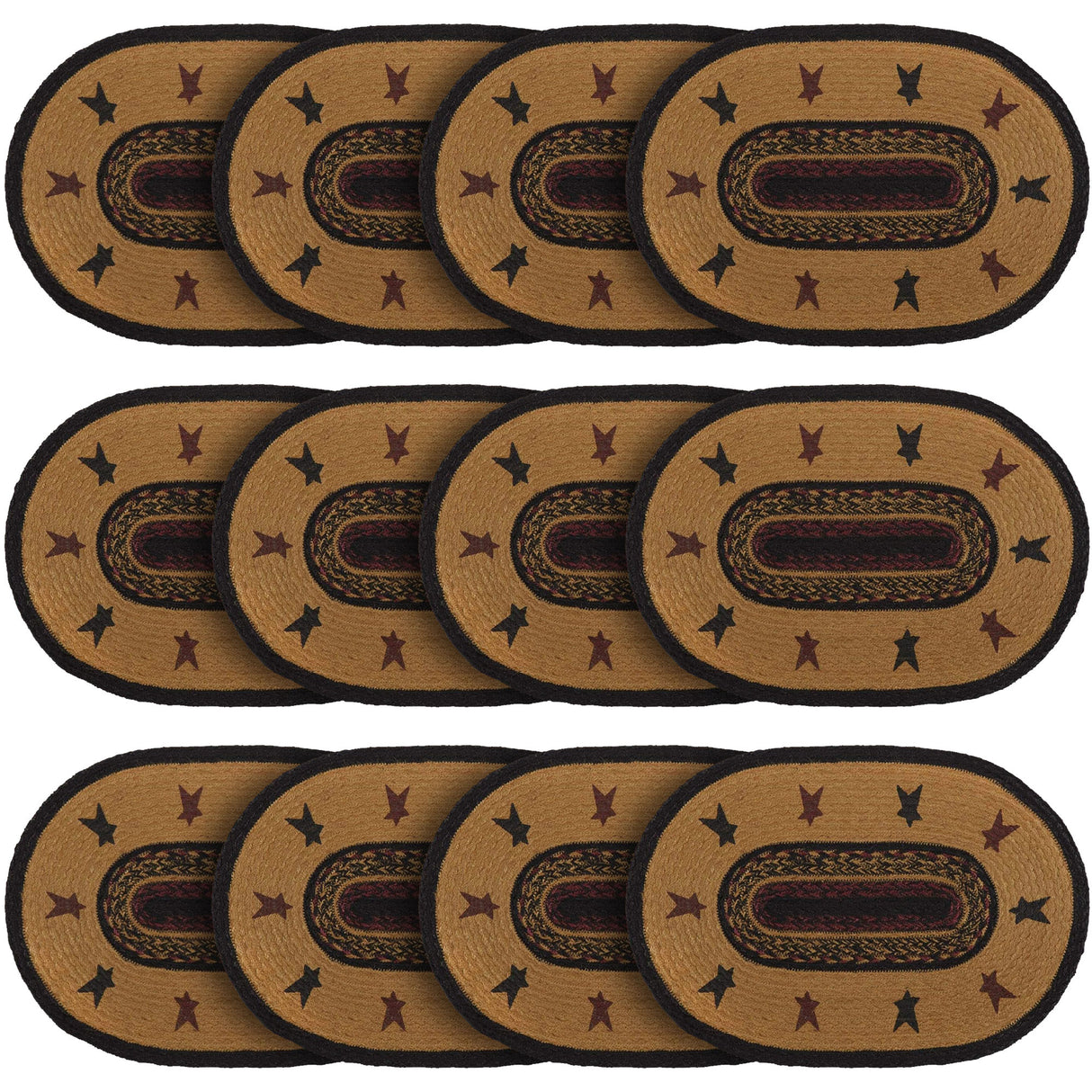 Heritage Farms Primitive Star Yellow Stenciled Oval Jute Placemat Set of 6 12"x18", 12 Pack