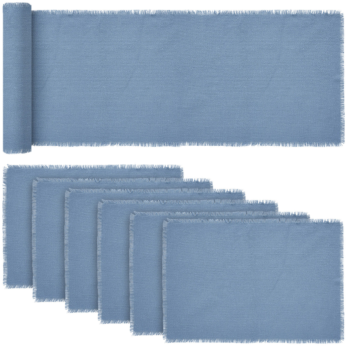 Burlap Blue Dusk Blue 12x72 Table Runner & 6 pc 13x19 Placemat Set