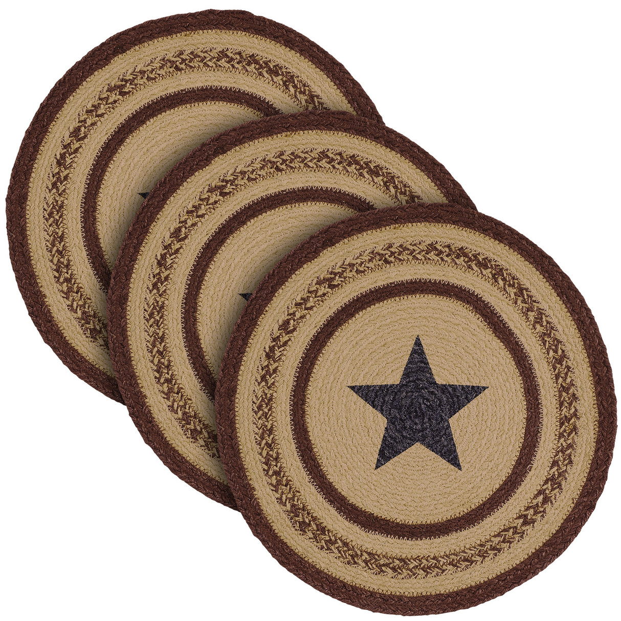 Potomac, Braided Jute Mat Trivet Placemat, Round, Star, Red Tan Blue, 15 inch, Set of 3