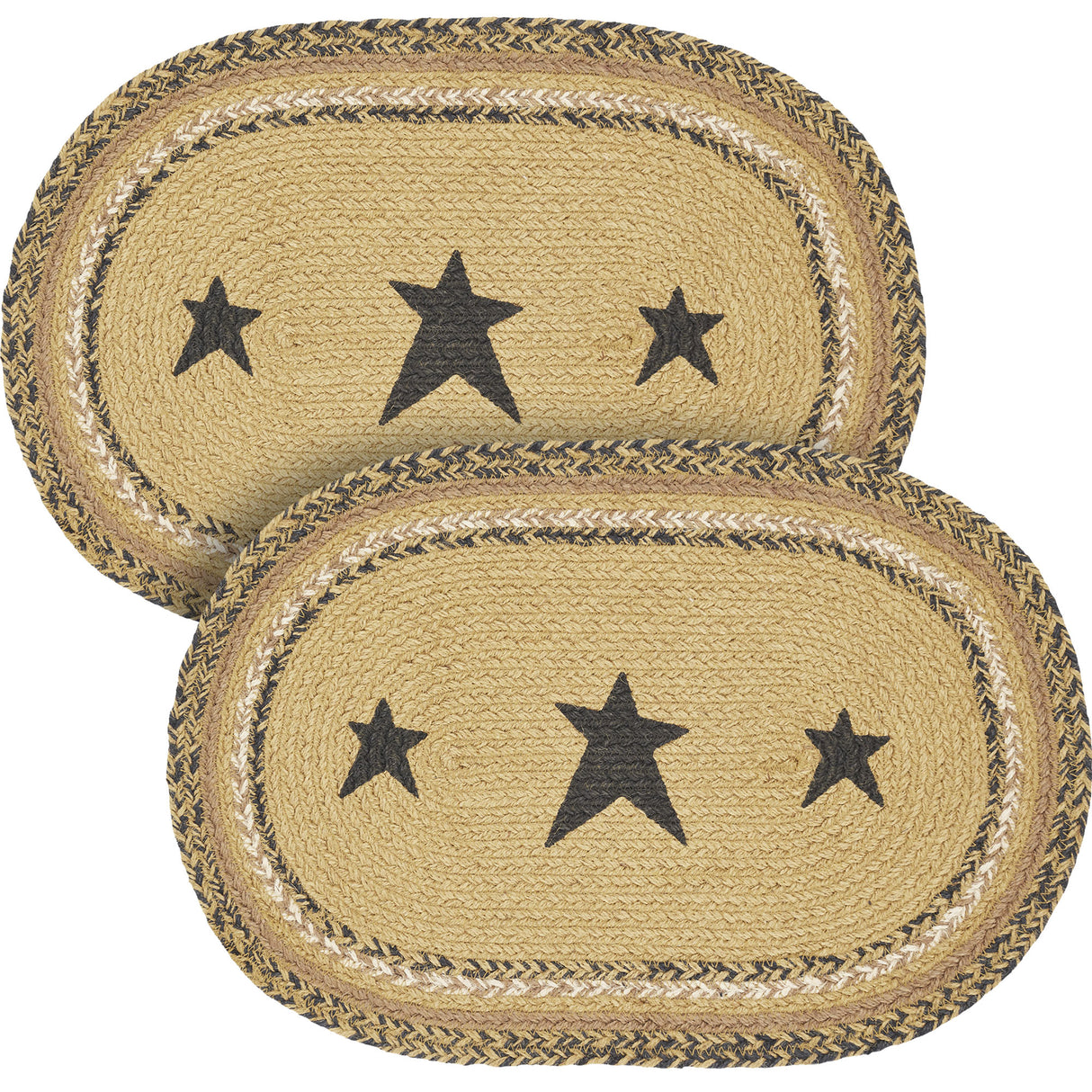 Kettle Grove, Dining Table Placemat, Braided Jute, Stars, Oval, Tan & Black, 10x18, 2 Pack