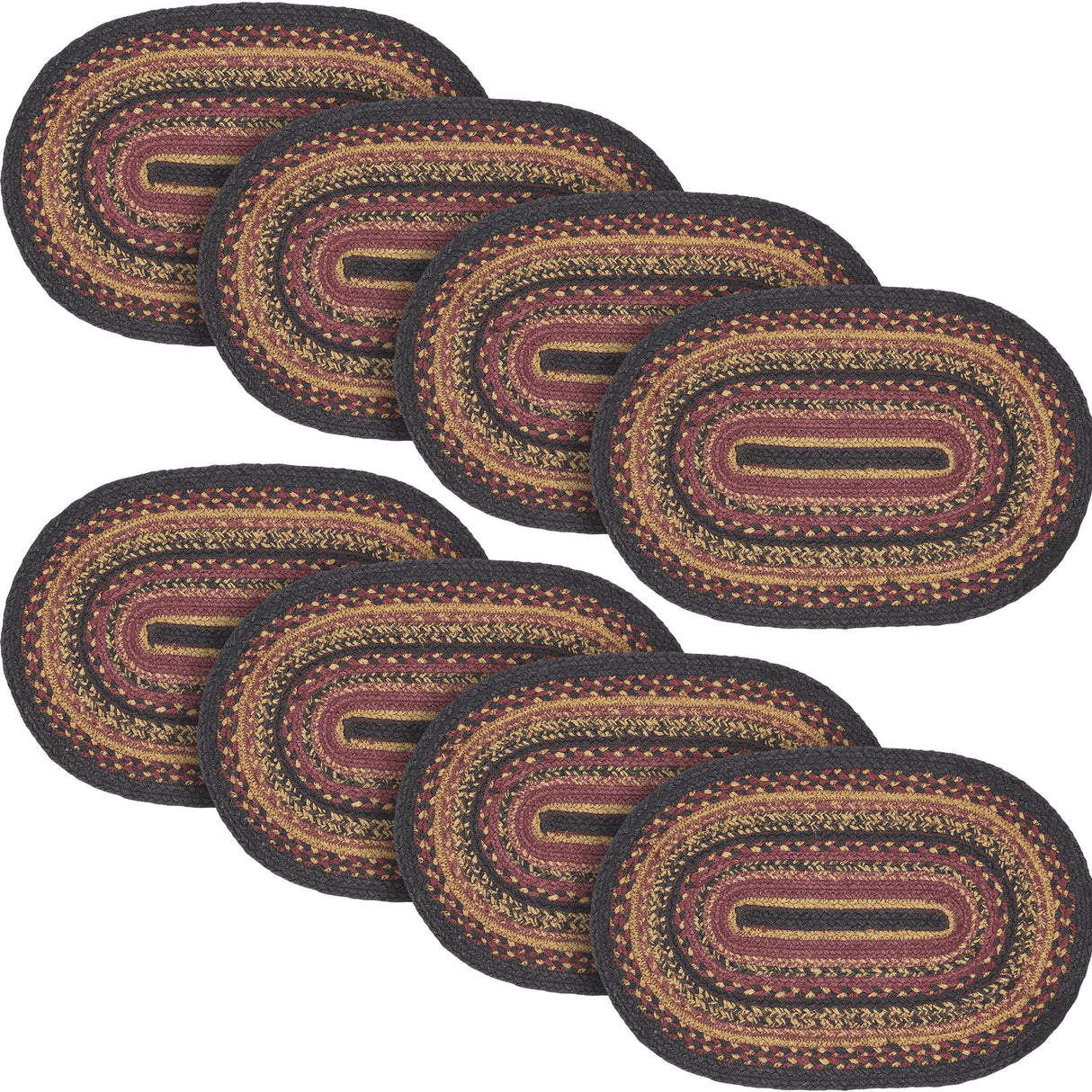 Heritage Farms Dining Table Placemat, Braided Jute, Oval, Red Black Tan. 12x18, 8 Pack 8 Pack