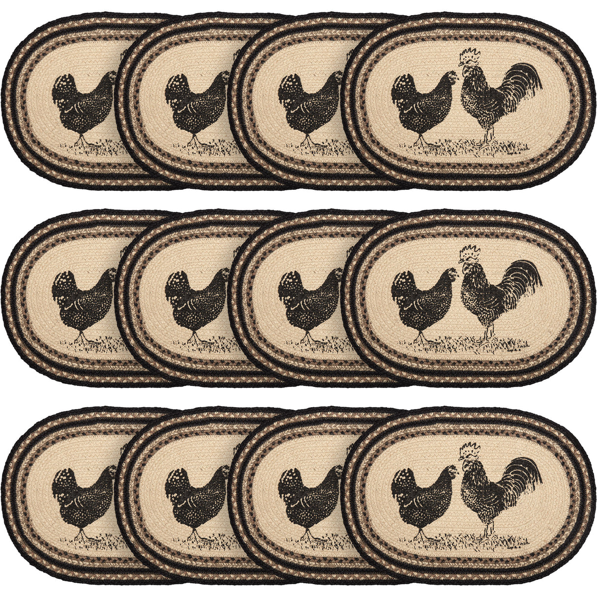 Placemats Sawyer Mill Charcoal Jute Farmhouse 12x18 Set of 6 Poultry, 12 Pack